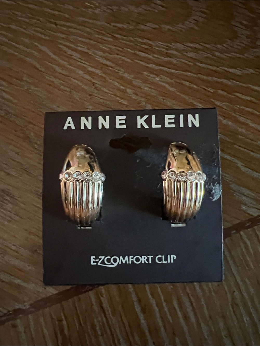 NWT Anne Klein Gold Ribbed Clip Earrings with Clear Crystals
